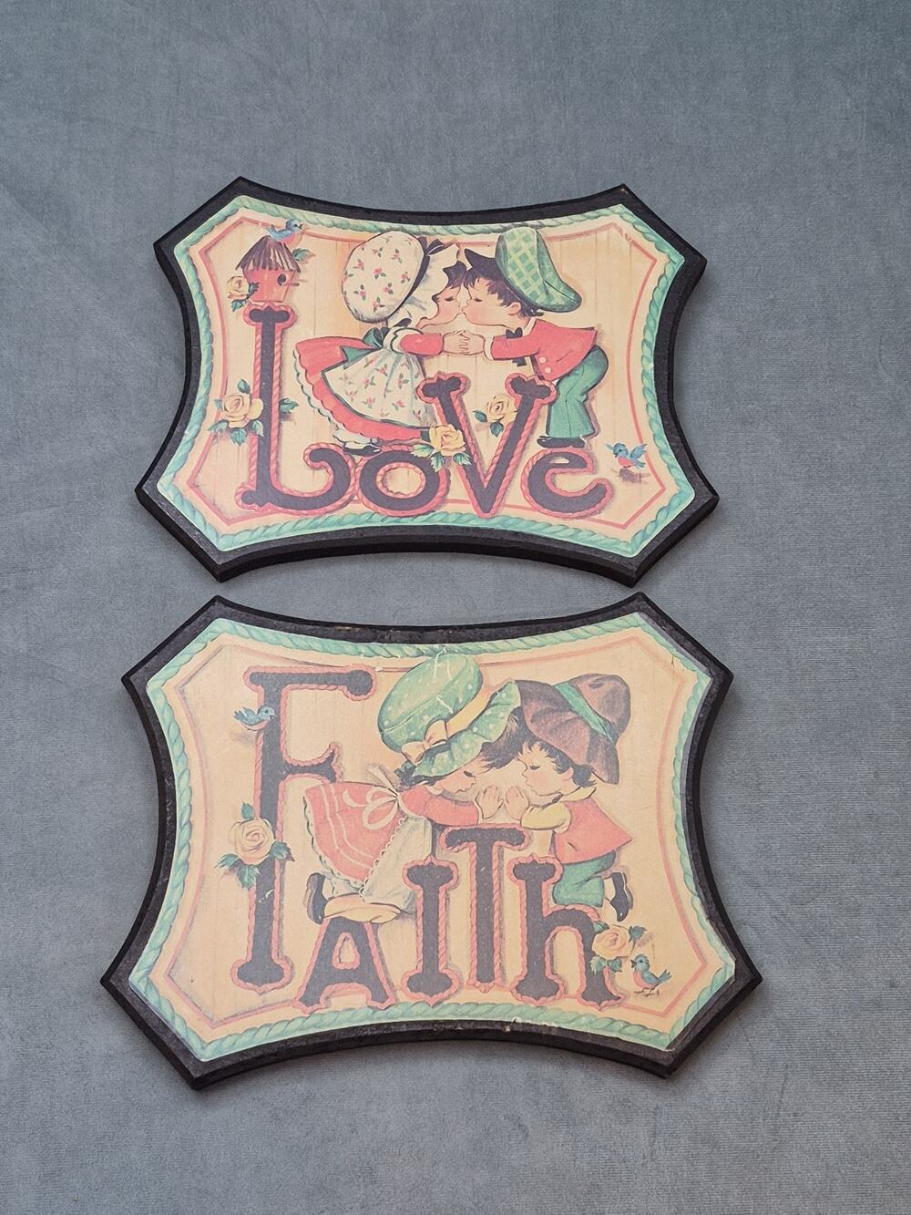 Vintage Retro Homco 1980's FAITH & LOVE Wooden Wall Plaques Pictures Props